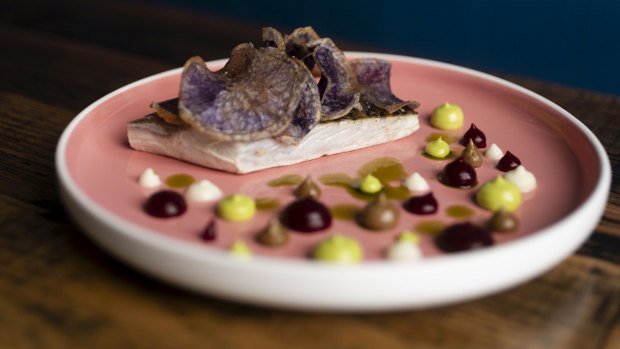 Cappon magro, the popular Genoan seafood salad, has been transformed with an elegant piece of sea mullet and surrounded by dots of red beetroot gel, parsley mayonnaise, black garlic and a silky potato cream. 