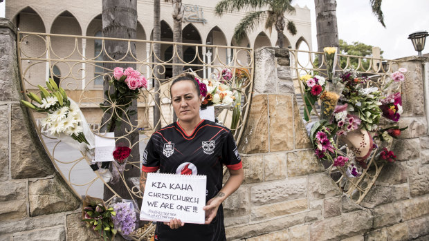 Marguretta Avery left flowers at the Lakemba Mosque following the terrorist attack in Christchurch.