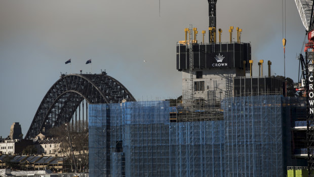 A view from Pyrmont of Crown Casino being constructed at Barangaroo in Sydney on Thursday.