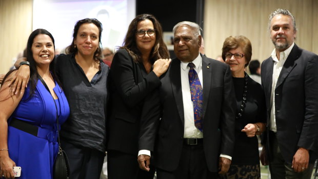 Kara McEwen, Rachel Perkins, Hetti Perkins, Vincent Copley, Eileen Perkins and Adam Perkins at the naming ceremony for Charles Perkins House. His family and friends came to Canberra from across Australia for the event.