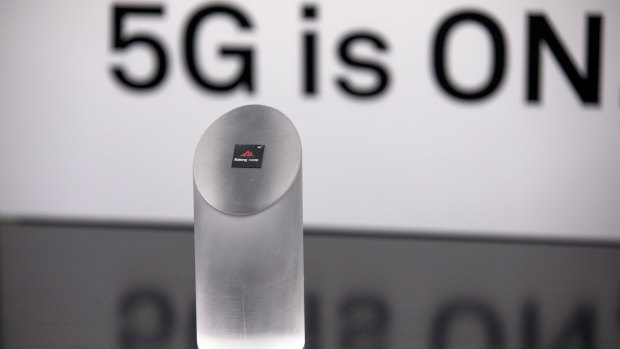The Huawei "Balong 5000" chip for 5G devices is unveiled during an event in Beijing last week.