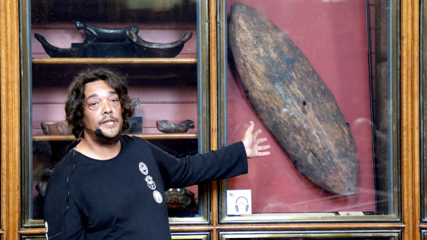 Rodney Kelly, a descendant of the Gweagal warrior Cooman whose shield was seized by the British in Botany Bay in 1770, and now sits in the British Museum.