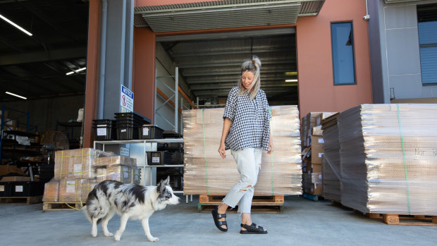 Sylvia and Luna Hill at their shared office workplace in Currumbin on the Gold Coast.