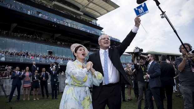 Prime Minister Scott Morrison and wife Jenny watch Winx win the Queen Elizabeth Stakes.