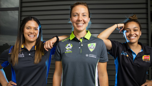 ACT Meteors' Angela Reakes, Canberra United's Rachel Corsie, and Canberra Capitals' Leilani Mitchell at the season launch.