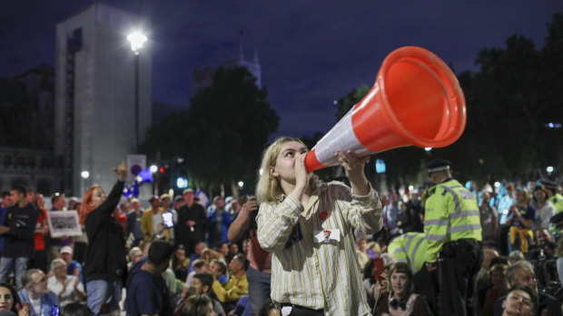 A protester chants anti-Brexit slogans in London.