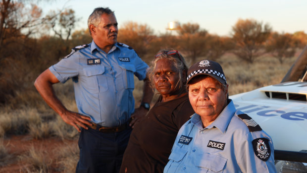 Acting Senior Sergeant Revis Ryder (left) with Warakurna elder Daisy Ward and Sergeant Wendy Kelly in Our Law. 