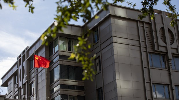 The Chinese flag stands on display outside the China Consulate General building in Houston, Texas.