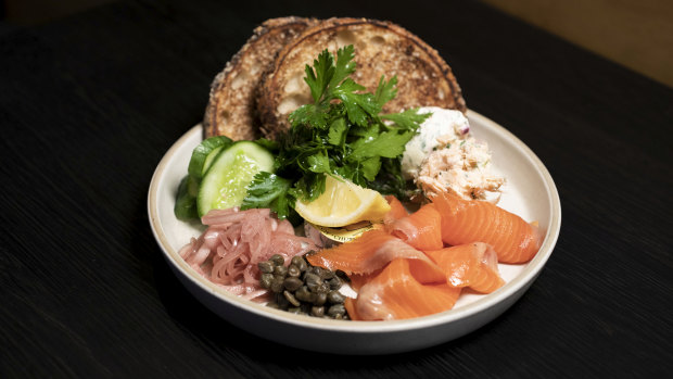 The bagel and smoked trout works like a picnic on a plate.