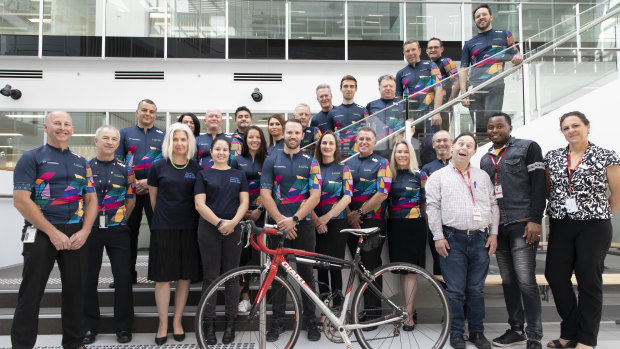 The Department of Human Services’ Hartley Lifecare Cycle Challenge Team with Harley Lifecare client Richard Smith (bottom, third from right). 