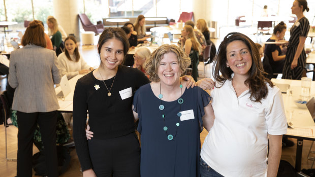 Research Assistant at Cancer Council NSW, Gabriella Tiernan (left),  Human Resources manager at the Centenary Institute, Nanette Herlihen, and Dr Melina Georgousakis at the women in STEM wikipedia edit-athon.
 