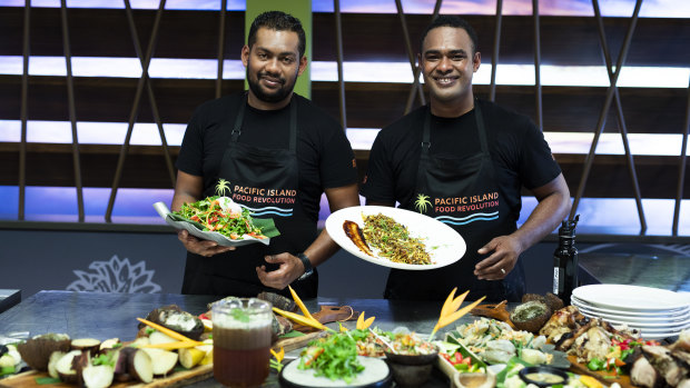 Contestants Mohammed Shamin Ali (at left) and Manasa Bolawaotabu plate up for the show.