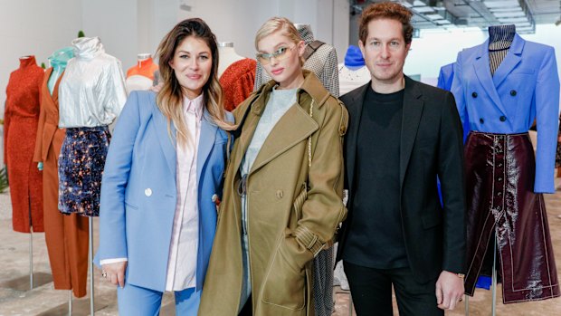 Model Elsa Hosk (centre) with Camilla Freeman-Topper and Marc Freeman, of Camilla and Marc, at their New York Fashion Week presentation. 