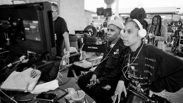 Screenwriter Lena Waithe (left) and director Melina Matsoukas on the set of Queen and Slim.