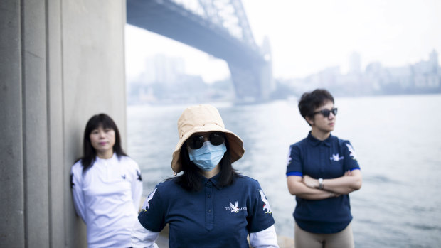 From left: Giselle, Wenci and Hong An are part of the New Federal State of China movement in Australia. 