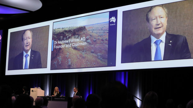 Andrew Forrest, Chairman, appearing via video at Fortescue Metals Group AGM at Perth Convention Centre.