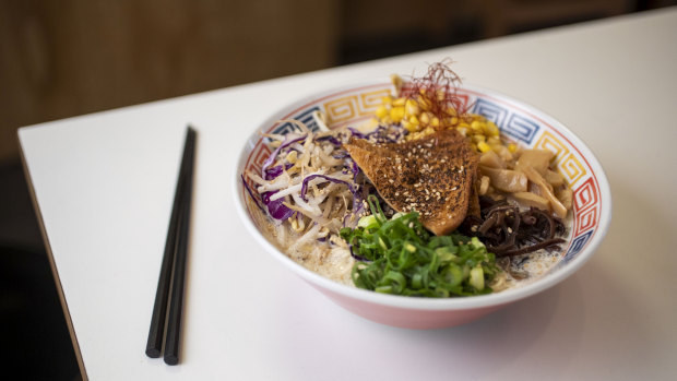 The vegan miso ramen is made with a base of soy milk and topped with grilled seasoned tofu.