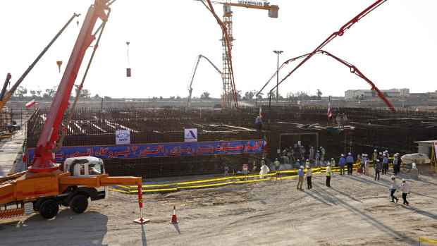 Concrete is poured for the base of the second nuclear power reactor at Bushehr plant, south of Tehran, Iran, late last year. It's the second Bushehr reactor, and the second built with help from Russia. 