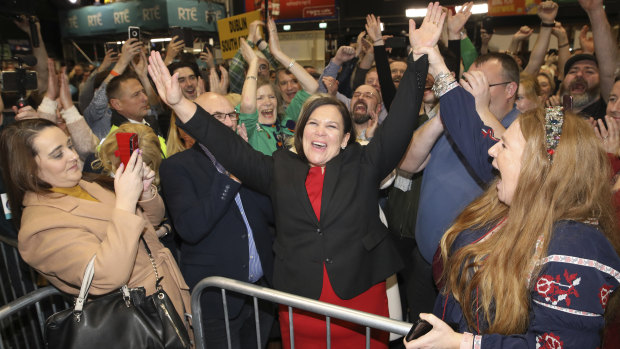 Sinn Fein leader Mary Lou McDonald celebrates with supporters after topping the poll in Dublin central.