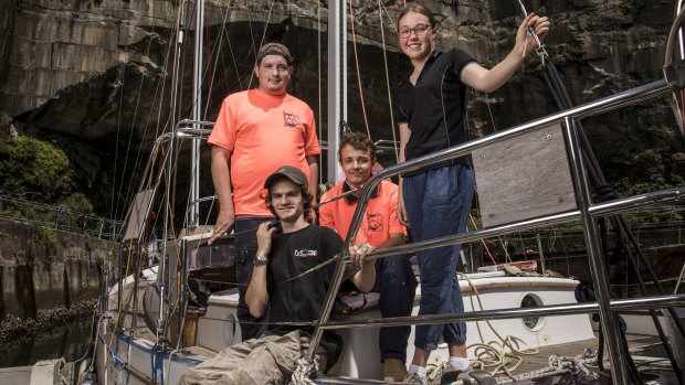 The Wright of Passage crew in Woolwich Dock: Mark Basciuk, Liam Gough (sitting), Jackson McCabe and Delilah Scott.
