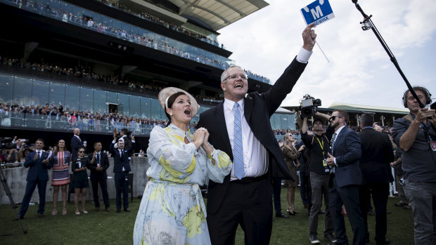 Prime Minister Scott Morrison and wife Jenny watch Winx win the Queen Elizabeth Stakes.
