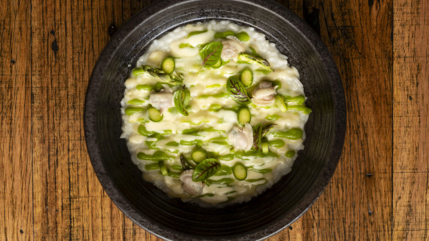 The Cloudy Bay clam risotto is laced with fresh asparagus.