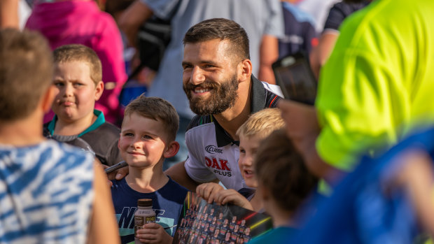 Fan favourite: Josh Mansour meets supporters in Bathurst before Penrith's match against Melbourne on Saturday night.
