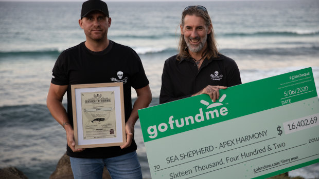 Django Hopkins (left) also received a bravery award on Friday, as he donated the GoFundMe money to Sea Shepherd. 