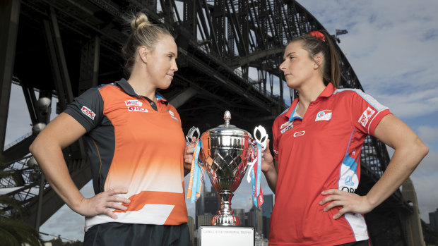 Giants captain Kim Green and Maddy Proud of the NSW Swifts face off for the Sydney derby.
