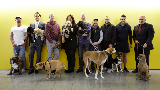 The Altair "dog squad", from left, Johnny Davies and his bulldog Romeo, James Garwood with Poppy and Chelsea, Nic Middenway and his staffy Sammy, Anna Shepherd and Mambo, Alex Deravin and his toy poodle Gaston, Paul Pede and Giovanni Rizzo with Eddy, Alex Greenwich and his rescue dog Max and building manager Mario Caruana with Beatrice.