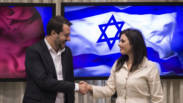 Israeli Justice Minister Ayelet Shaked,right, meets with the Italian Interior Minister and Deputy-Premier Matteo Salvini at the Knesset in Jerusalem on Wednesday.