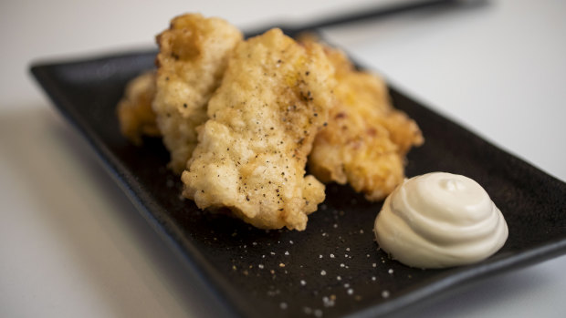 The corn tempura is dusted with Sichuan pepper and served with a vegan mayonnaise.