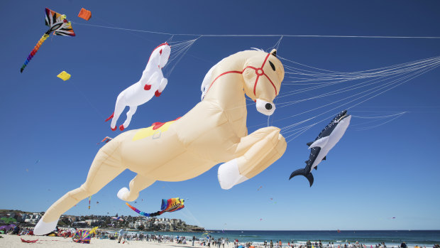 Horses, whales and other kites take flight over Bondi Beach at the 2018 Festival of Winds.