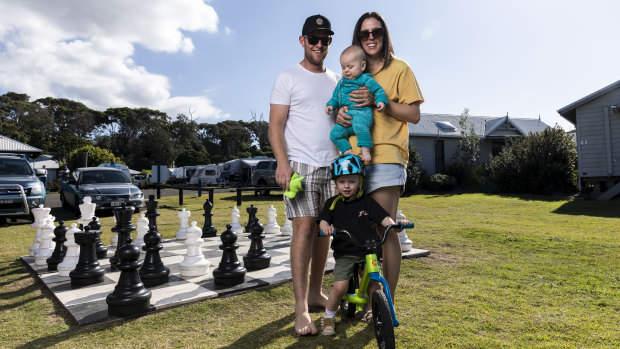 Catherine Roos and Simon Ebeling and kids Homer and Ted, who are enjoying a getaway at Bateau Bay.