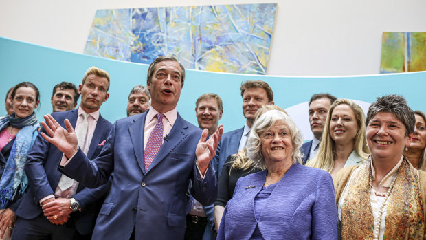Brexit Party leader Nigel Farage speaks to the media at an event to mark the gains his party made in the European Elections, in London.