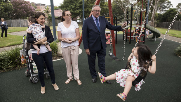 NSW Premier Gladys Berejiklian announced funding for IVF with Health Minister Brad Hazzard, Felicity Maclaren and her two children Sybella and Toby.