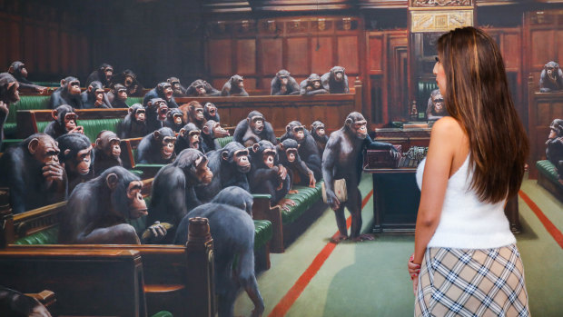 Banksy's 'Devolved Parliament' on display at Sotheby's.
