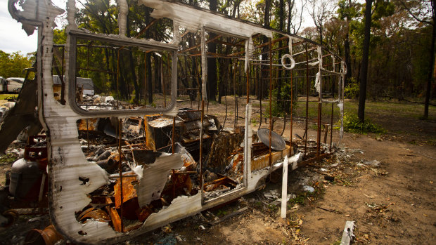 Remains of a caravan after the New Year's fires at Mallacoota. 