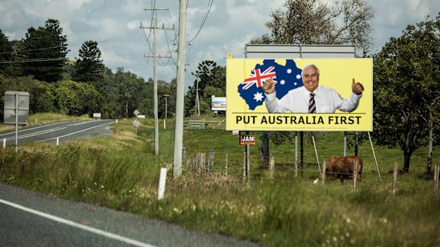 A United Australia Party billboard on the Bruce Highway near Mackay.
