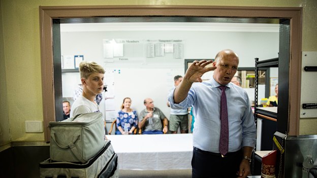 Home Affairs Minister Peter Dutton met Meals on Wheels volunteers with Scott Morrison just five months after the pair went head-to-head in a leadership contest.
