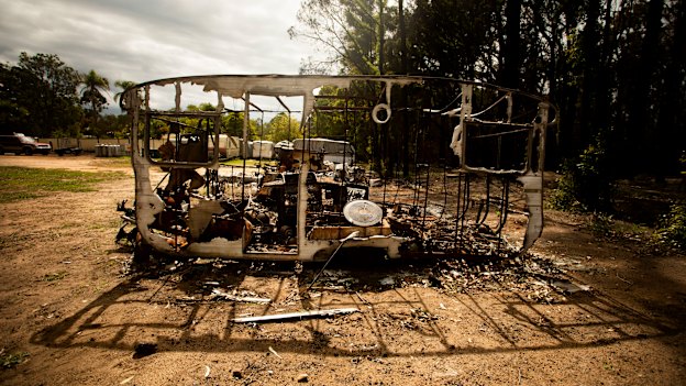 Mallacoota was just recovering from the New Year's fires when the pandemic hit. The remains of a caravan destroyed by fire.