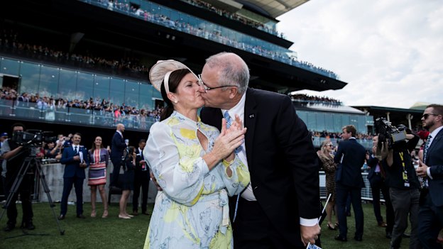 Prime Minister Scott Morrison and wife Jenny watch Winx win at the Queen Elizabeth Stakes.