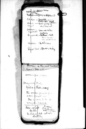 A page from A.W. Howitt\'s notebook recording the Aboriginal names for inner Melbourne suburbs..