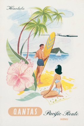 The menu cover for Qantas on its 1950s Pacific flights.