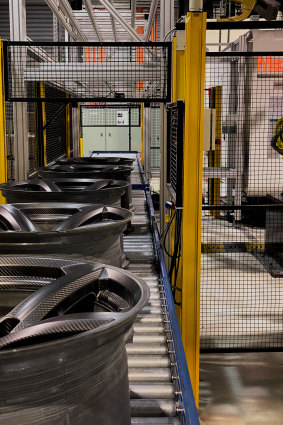 Corvette Z06 carbon fibre wheels on the production line at Carbon Revolution’s Geelong factory.