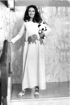 Jeanne Little in elephant maternity dress.
