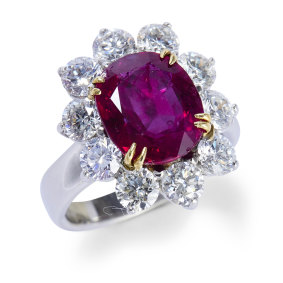 A ruby and diamond ring, featuring a 5.29 carat ruby from Burma, selling for $700,000 to $900,000, at Leonard Joel’s Important Jewels auction.