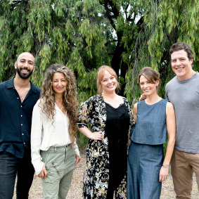 From single table to house-owners: Harry (Roy Joseph), Heather (Doris Younane), Ainsley (Katie Robertson), Liz (Kat Stewart), Ben (Stephen Peacocke), in Five Bedrooms.