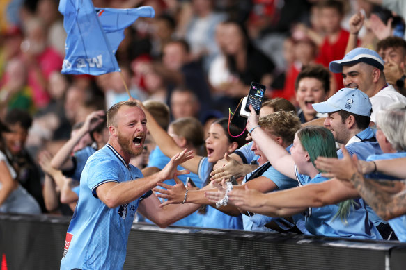 And here’s Rhyan Grant celebrating with the Sydney fans at the other end after his goal.