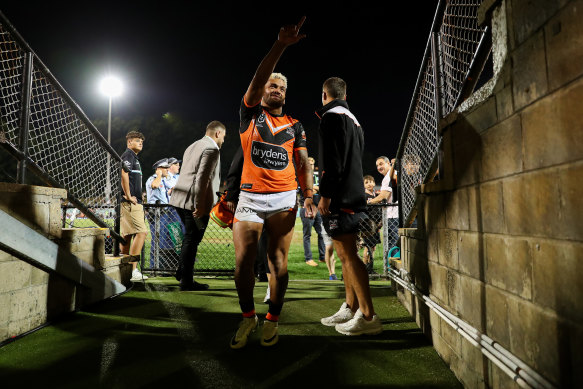Api Koroisau waves to the fans at Leichhardt after delivering another typically courageous effort in his side’s win over the Sharks despite coming into the game suffering an illness.